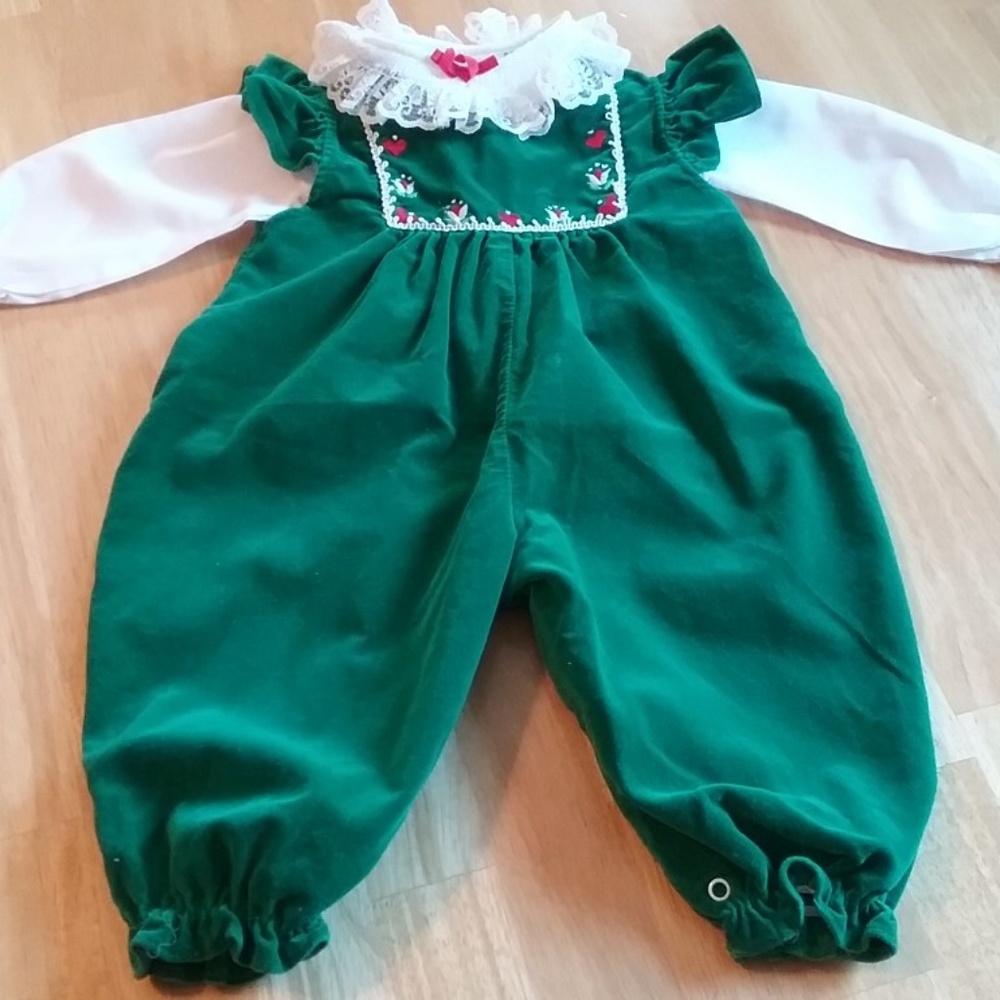 Vtg Tiny Tots Baby Girl Bubble Overalls & Top Set